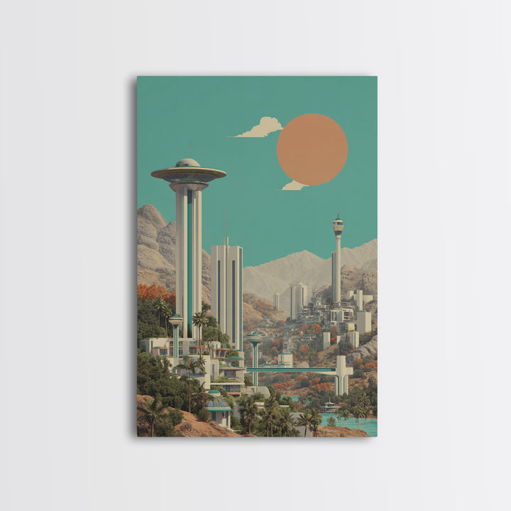 Futuristic Desert City With Saucer Tower Canvas Print, Midcentury Modern Wall Art, Sci Fi Retro Travel Poster Home Decor