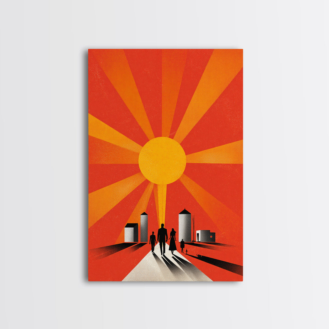 Family Silhouettes Walking Toward Sun Wall Art, Midcentury Modern Poster, Orange Retro Abstract Print, Inspirational Decor