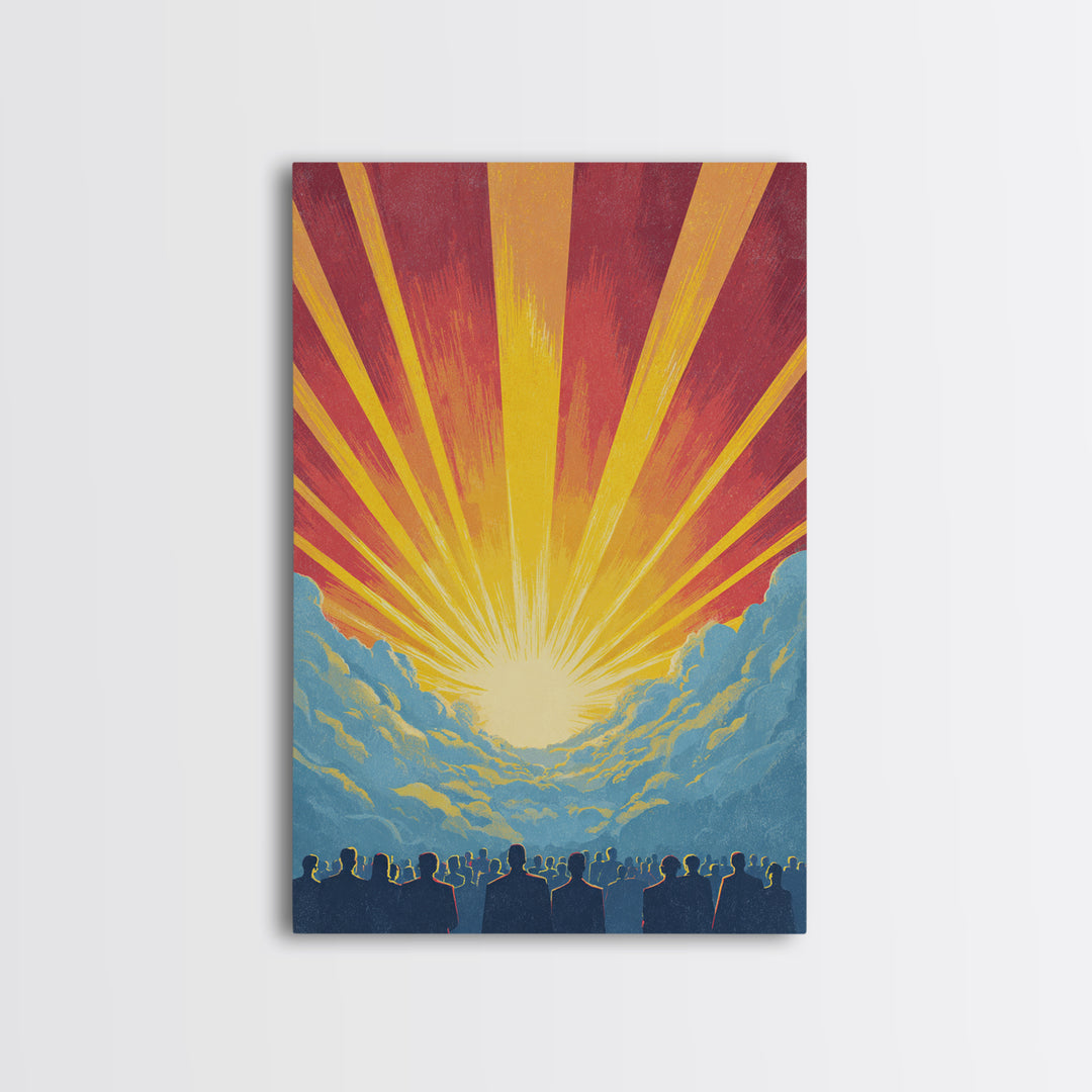 Radiant Sunrise Over Crowd Silhouette Canvas Print, Retro Sci Fi Wall Art, Inspirational Sun Poster, Colorful Home Decor