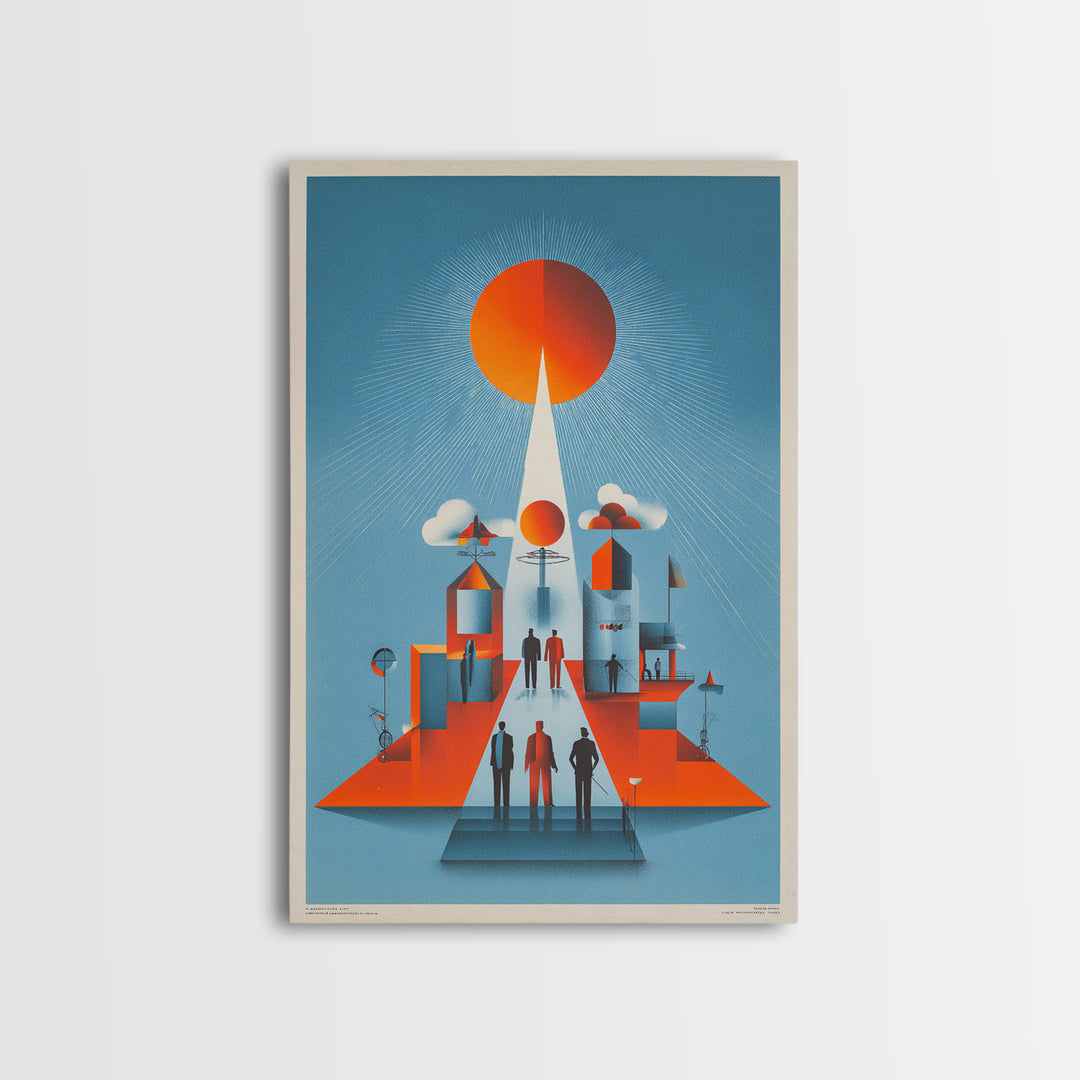 Futuristic Orange Sun City Wall Art, Midcentury Modern Art Print, Retro Geometric Poster, MCM Living Room Decor, Bold Blue Orange