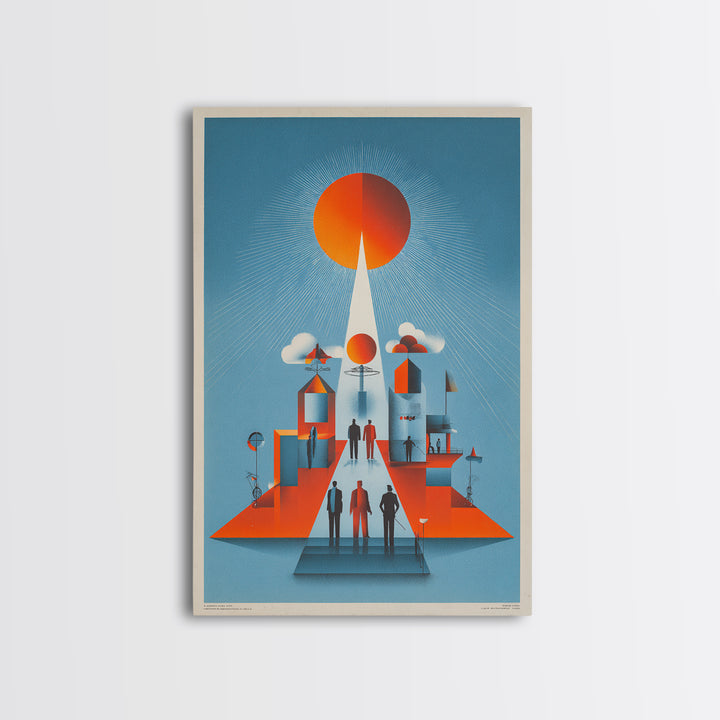 Futuristic Orange Sun City Wall Art, Midcentury Modern Art Print, Retro Geometric Poster, MCM Living Room Decor, Bold Blue Orange