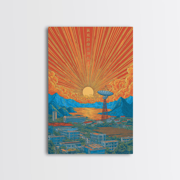 Japanese Sunrise Mountain Valley Canvas Print, Retro Travel Poster, Orange Blue Landscape Wall Decor, Midcentury Modern Art