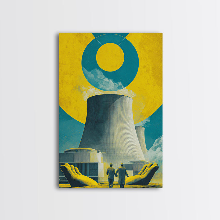 Nuclear Cooling Tower In Giant Hands Canvas Print, Retro Futurist Wall Decor, Yellow Teal Industrial Modern Art, MCM Poster
