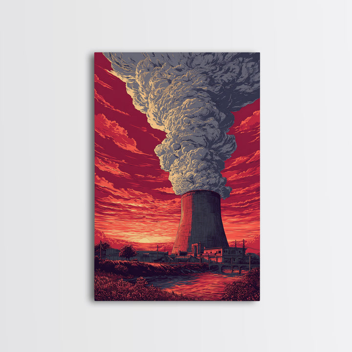 Dramatic Nuclear Cooling Tower Wall Art, Red Sunset Industrial Poster, Retro Sci Fi Landscape Print, Statement Home Decor
