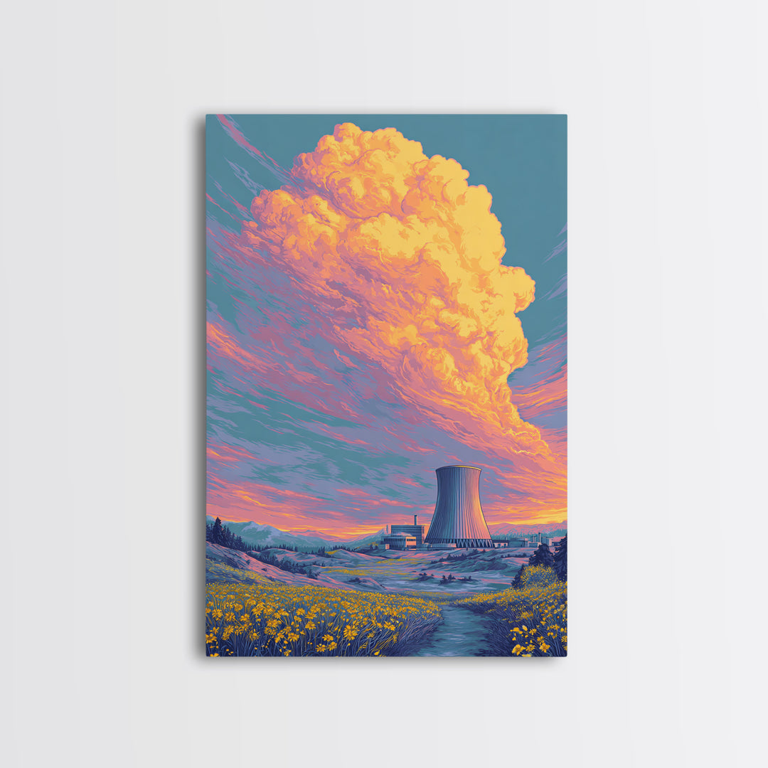 Pastel Nuclear Plant With Flower Field Wall Art, Scenic Landscape Poster, Colorful Modern Home Decor, Retro Art Print, Gift