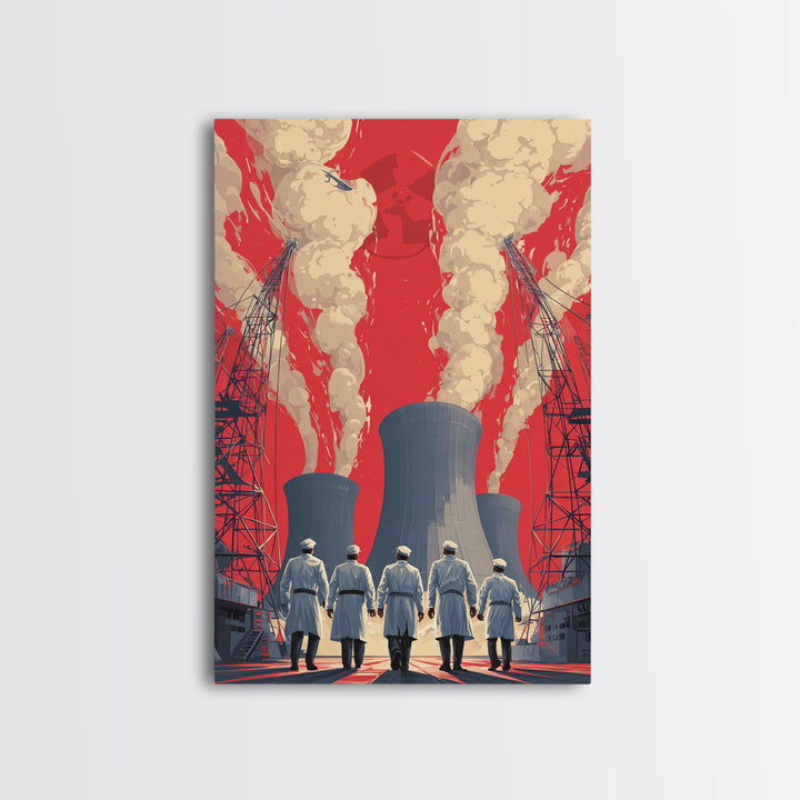 Nuclear Plant Workers Under Red Sky Framed Canvas Print, Industrial Wall Art, Retro Sci Fi Poster, Bold Statement Home Decor