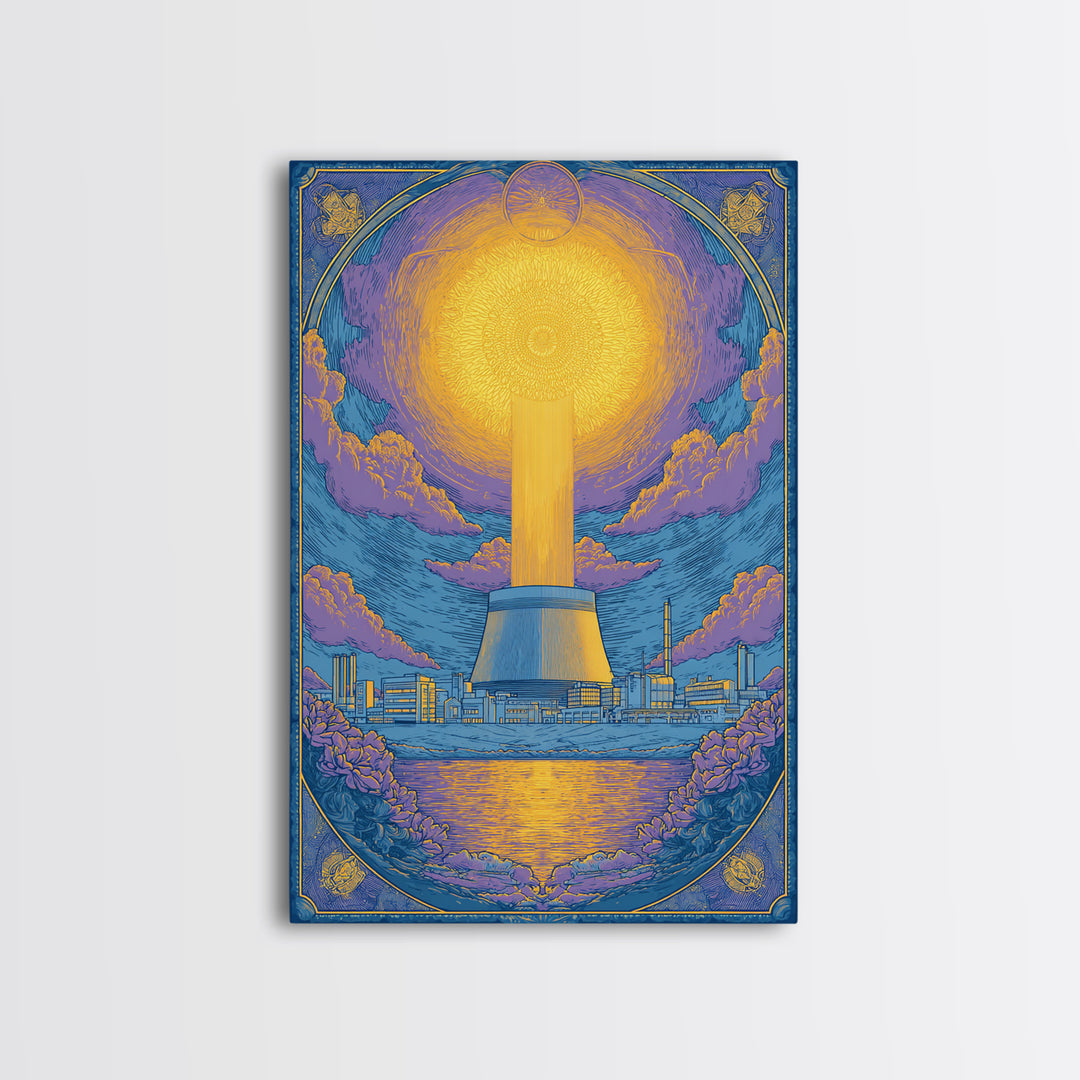 Ornate Radiant Nuclear Tower Wall Art, Art Nouveau Industrial Poster, Blue Gold Scenic Print, Spiritual Modern Statement Decor