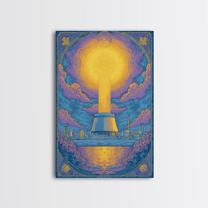 Ornate Radiant Nuclear Tower Wall Art, Art Nouveau Industrial Poster, Blue Gold Scenic Print, Spiritual Modern Statement Decor