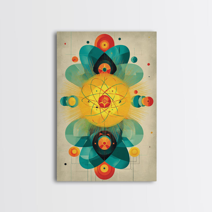 Atomic Flower Geometry Canvas Print, Midcentury Modern Abstract Art, Colorful Geometric Wall Decor, Retro Bauhaus Poster