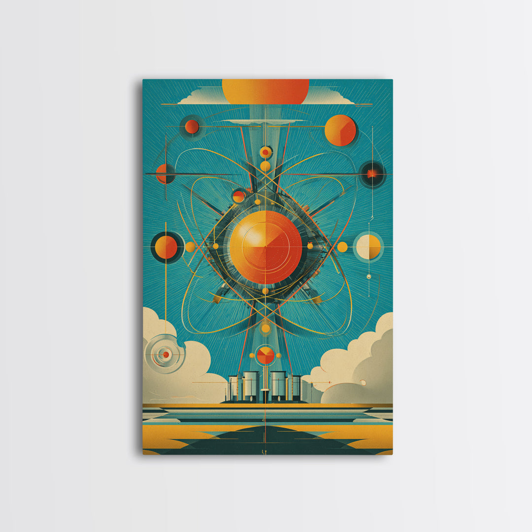 Atomic Orange Sun Orbit Wall Art, Midcentury Modern Abstract Space Poster, Teal Retro Geometric Decor, MCM Canvas Gift, Home Decor