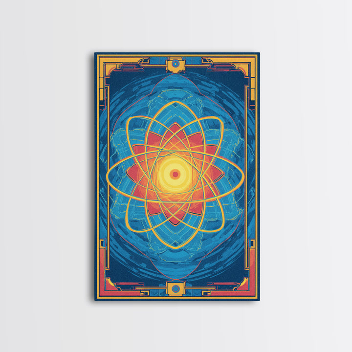 Radiant Atomic Mandala Framed Canvas Print, Midcentury Modern Art, Blue Geometric Wall Decor, Retro Sci Fi Home Poster Gift