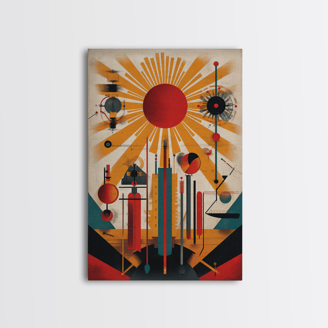 Red Sunburst Machine Wall Art, Midcentury Modern Abstract Poster, Bauhaus Geometric Print, Atomic Retro Office Decor Gift