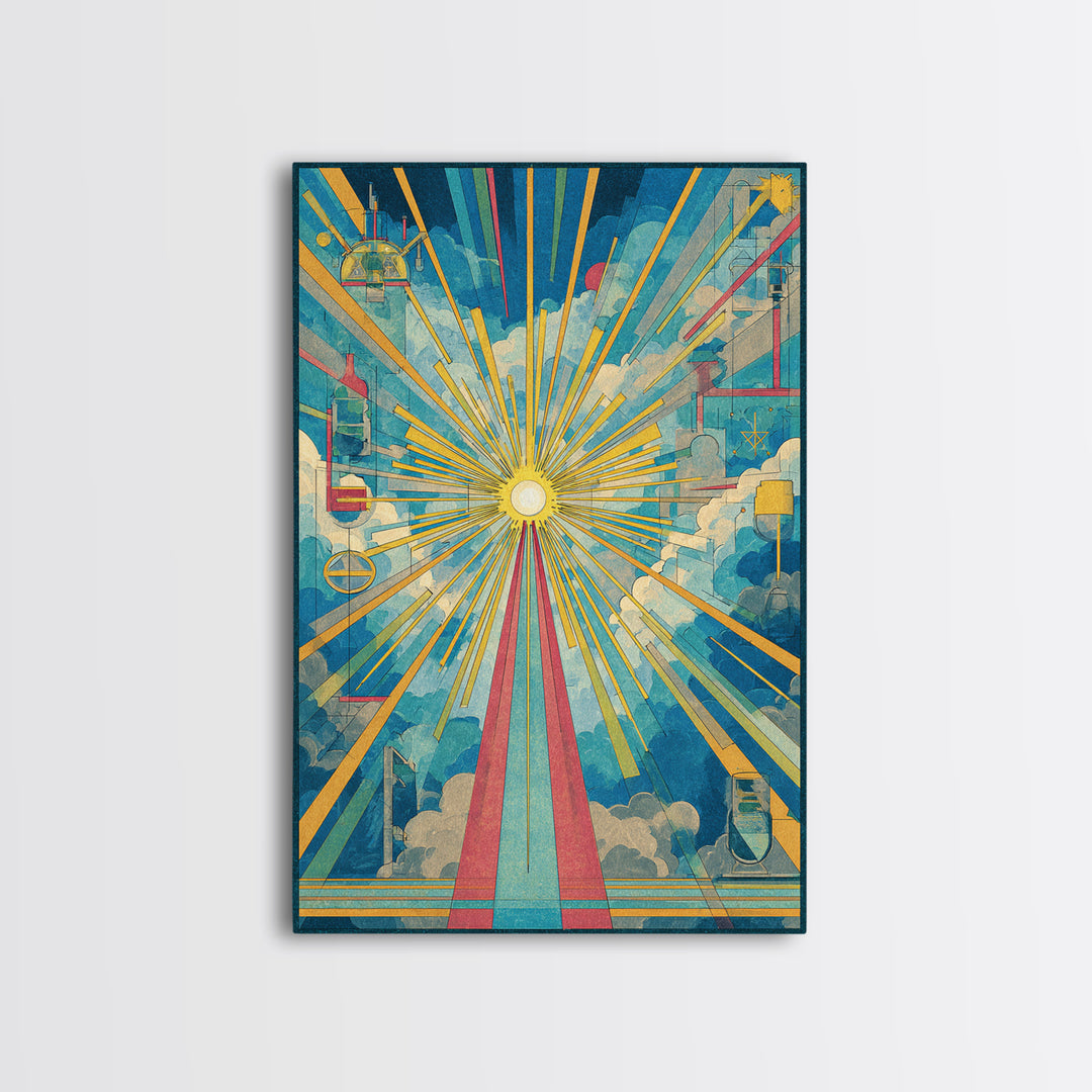 Radiant Cloud Cathedral Canvas Print, Midcentury Modern Sun Rays Poster, Colorful Geometric Sky Wall Art, Retro Home Decor