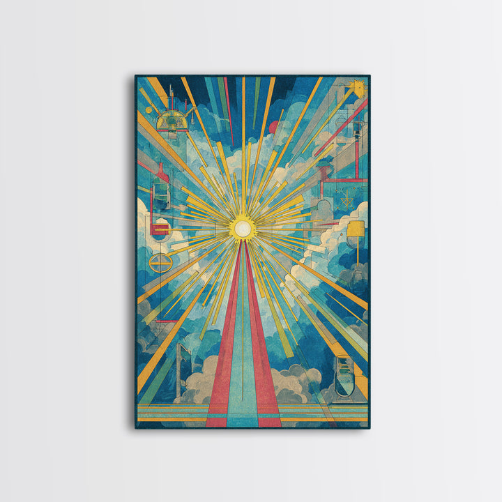 Radiant Cloud Cathedral Canvas Print, Midcentury Modern Sun Rays Poster, Colorful Geometric Sky Wall Art, Retro Home Decor
