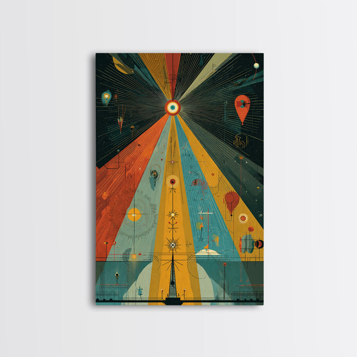 Prismatic Cosmic Beams Wall Art, Midcentury Modern Abstract Space Poster, Retro Geometric Sci Fi Decor, Colorful MCM Print