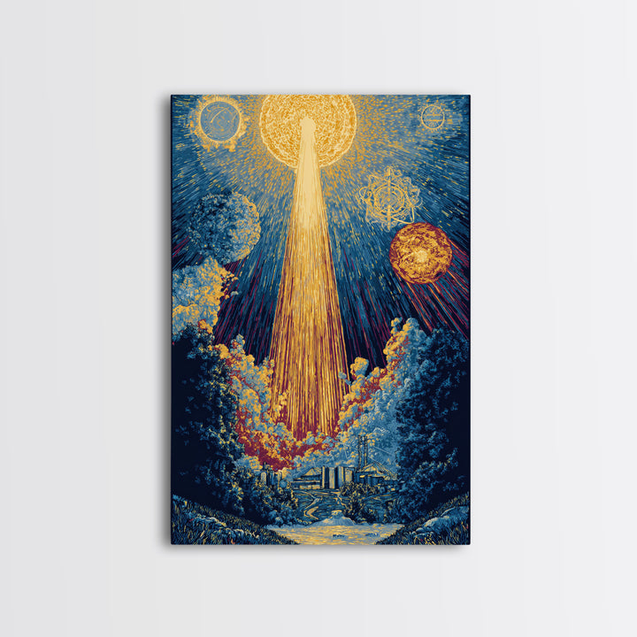 Golden Celestial Beam Canvas Print, Modern Abstract Art, Cosmic Sun Landscape Poster, Blue Yellow Wall Decor, Spiritual Gift