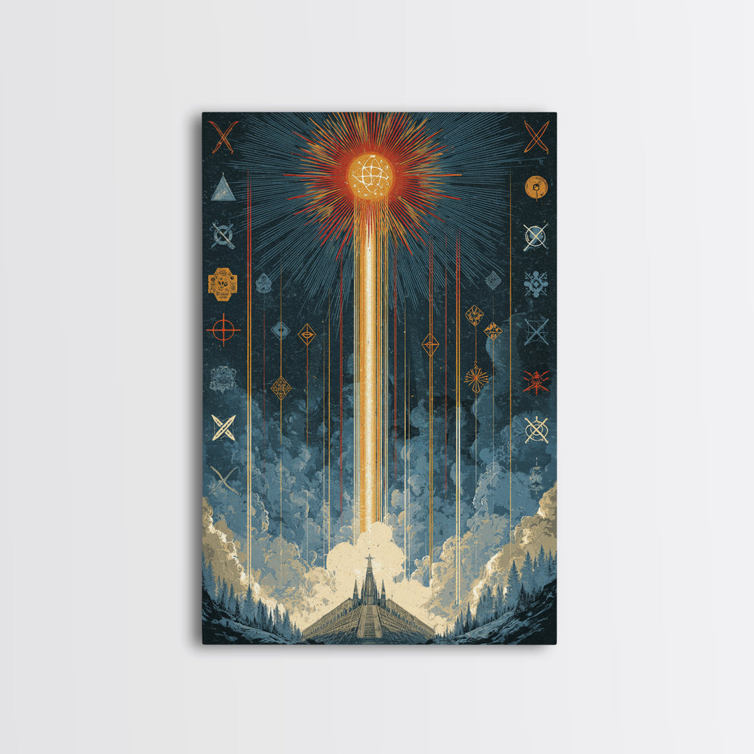 Mystic Rocket Launch Wall Art, Midcentury Modern Space Poster, Celestial Sunburst Landscape, Retro Sci Fi Office Decor Print