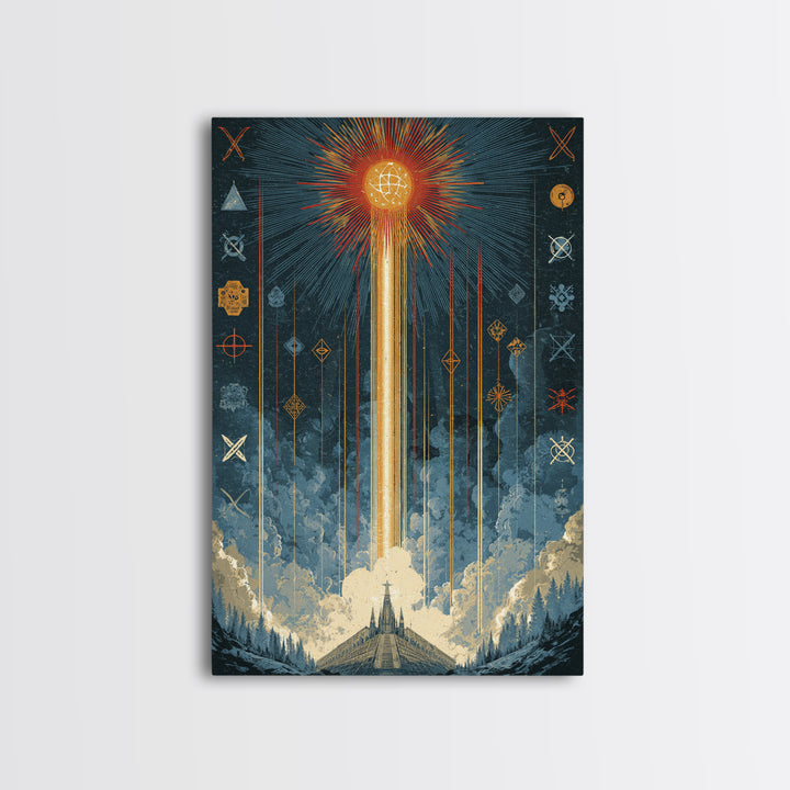 Mystic Rocket Launch Wall Art, Midcentury Modern Space Poster, Celestial Sunburst Landscape, Retro Sci Fi Office Decor Print
