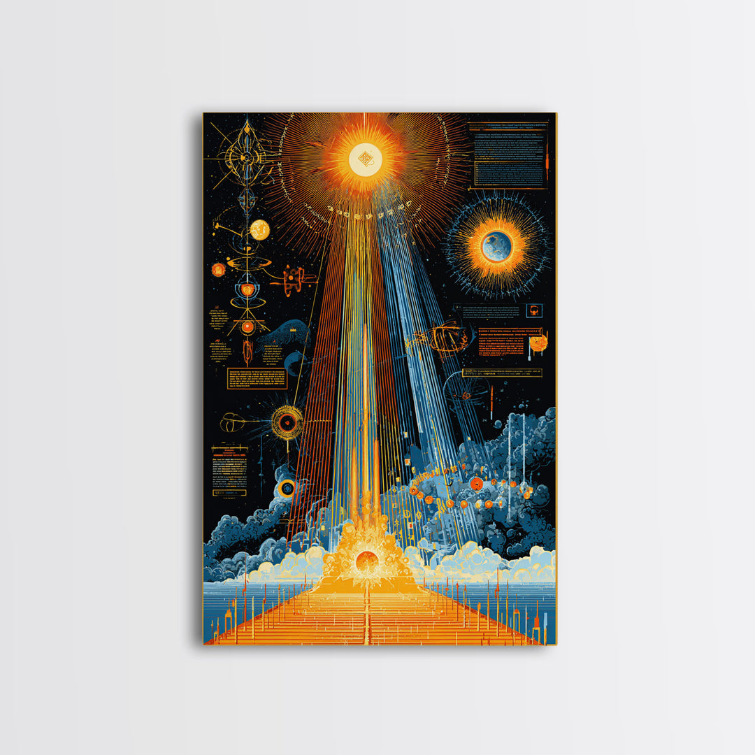 Illuminated Cosmic Diagram Framed Canvas Print, Midcentury Modern Abstract Space Art, Retro Sci Fi Wall Decor, MCM Poster