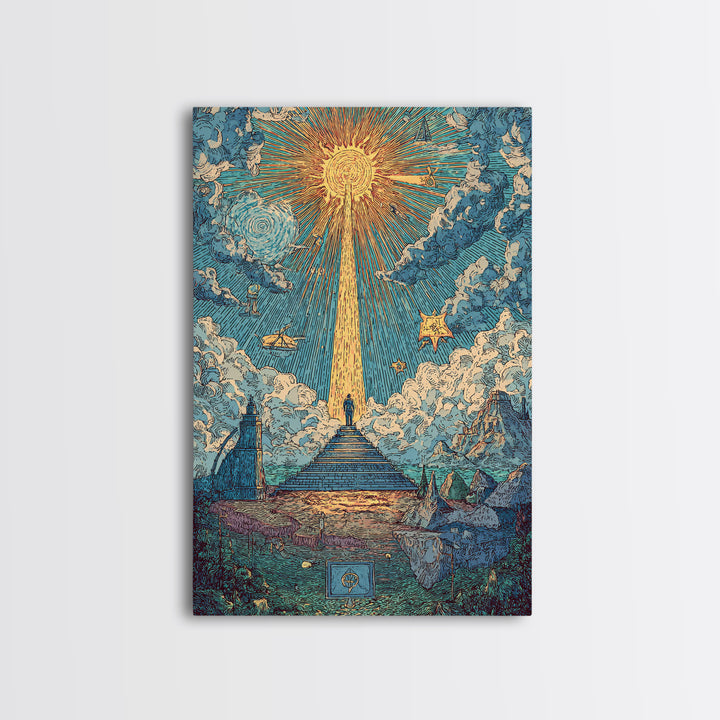 Stairway To Radiant Sun Wall Art, Modern Celestial Landscape Poster, Blue Cloud Fantasy Print, Spiritual Home Office Decor
