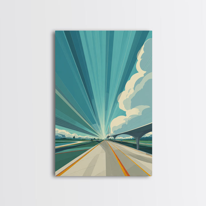 Futuristic Highway Light Rays Wall Art, Retro Modern Poster, Architectural Art, Travel Wall Art, Blue Geometric Office Decor