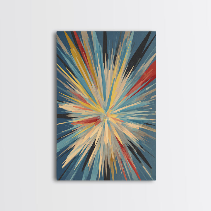 Exploding Abstract Starburst Canvas Print, Modern Wall Art, Colorful Geometric Poster, Blue Red Yellow Midcentury Decor Gift