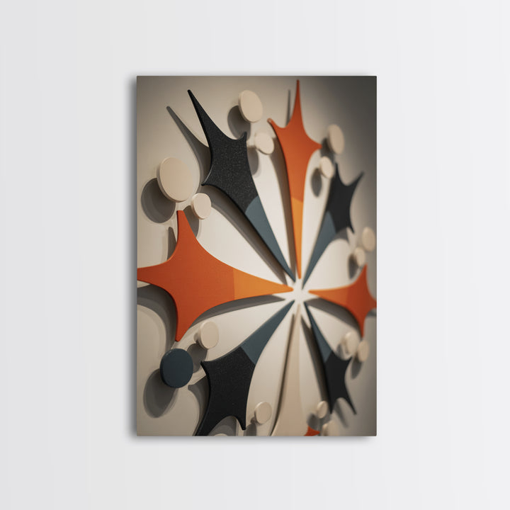 Orange Black Atomic Boomerang Wall Art, Midcentury Modern Decor, Geometric Retro Sculpture Canvas Print, MCM Gallery Poster