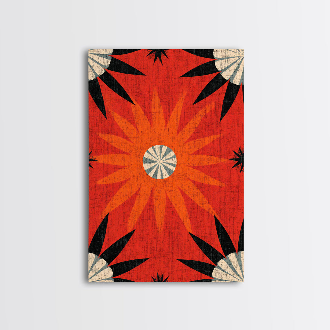 Orange Atomic Sunburst Pattern Wall Art, Midcentury Modern Print, Retro 70s Decor, Geometric Textile Style Bold MCM Poster
