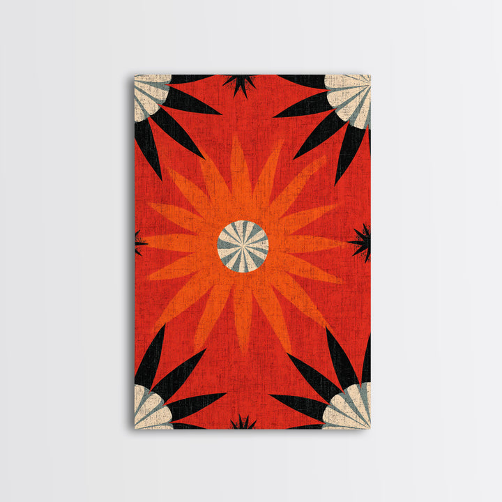 Orange Atomic Sunburst Pattern Wall Art, Midcentury Modern Print, Retro 70s Decor, Geometric Textile Style Bold MCM Poster