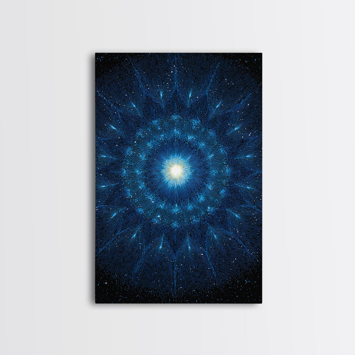Blue Cosmic Starburst Abstract Wall Art, Modern Digital Art Print, Space Abstract Art, Galaxy Statement Blue Canvas Print
