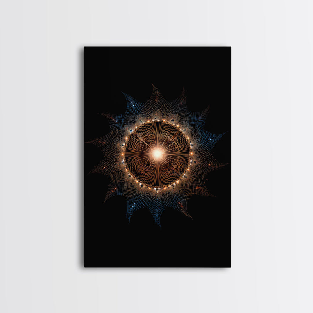 Glowing Eclipse Mandala Wall Art, Modern Abstract Art Print, Cosmic Geometric MCM Decor, Orange Blue Framed Canvas Print