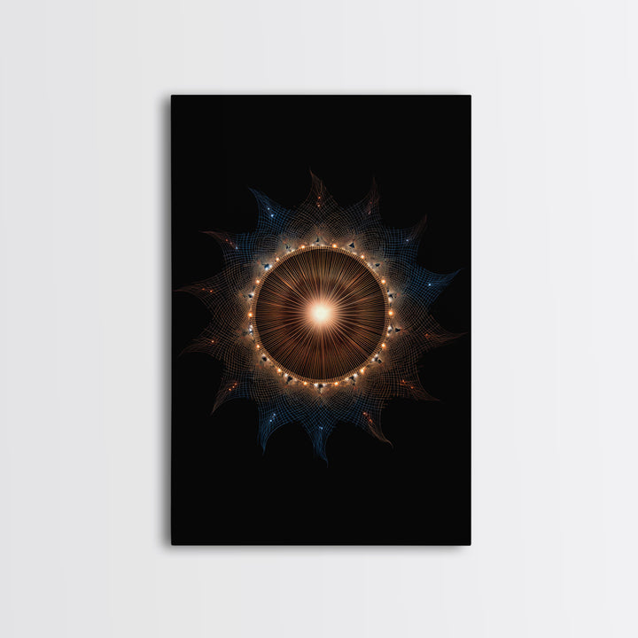 Glowing Eclipse Mandala Wall Art, Modern Abstract Art Print, Cosmic Geometric MCM Decor, Orange Blue Framed Canvas Print
