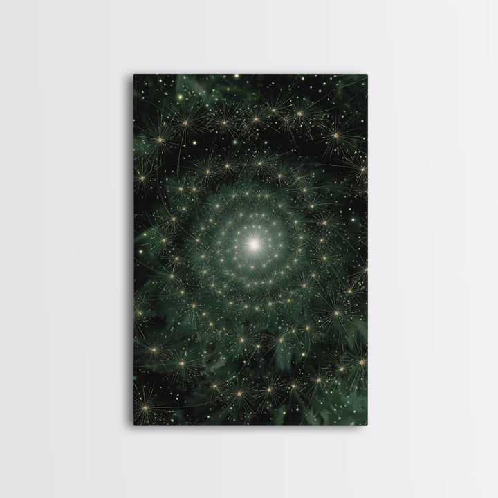 Green Celestial Dandelion Starfield Wall Art, Modern Abstract Art Print, Nature Space Decor, Botanical Canvas Print Poster