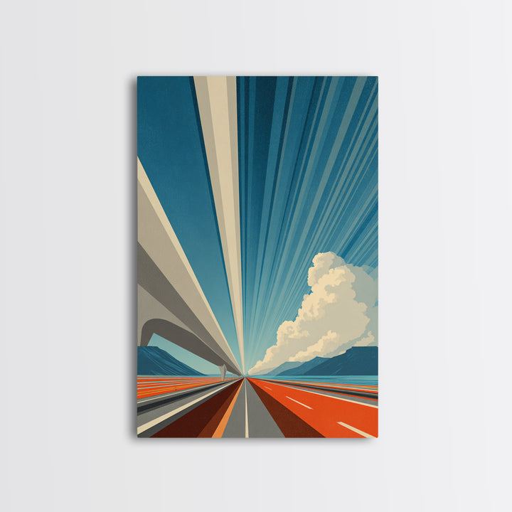 Orange Coastal Highway Perspective Canvas Print, Retro Modern Poster, Architectural Art, Blue Wall Art, Travel Office Decor