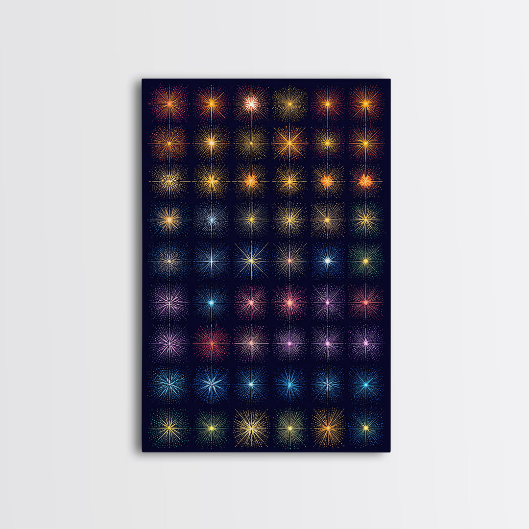 Glowing Starburst Fireworks Grid Wall Art, Midcentury Modern Art Print, Atomic Retro Poster, Dark Navy Living Room Decor