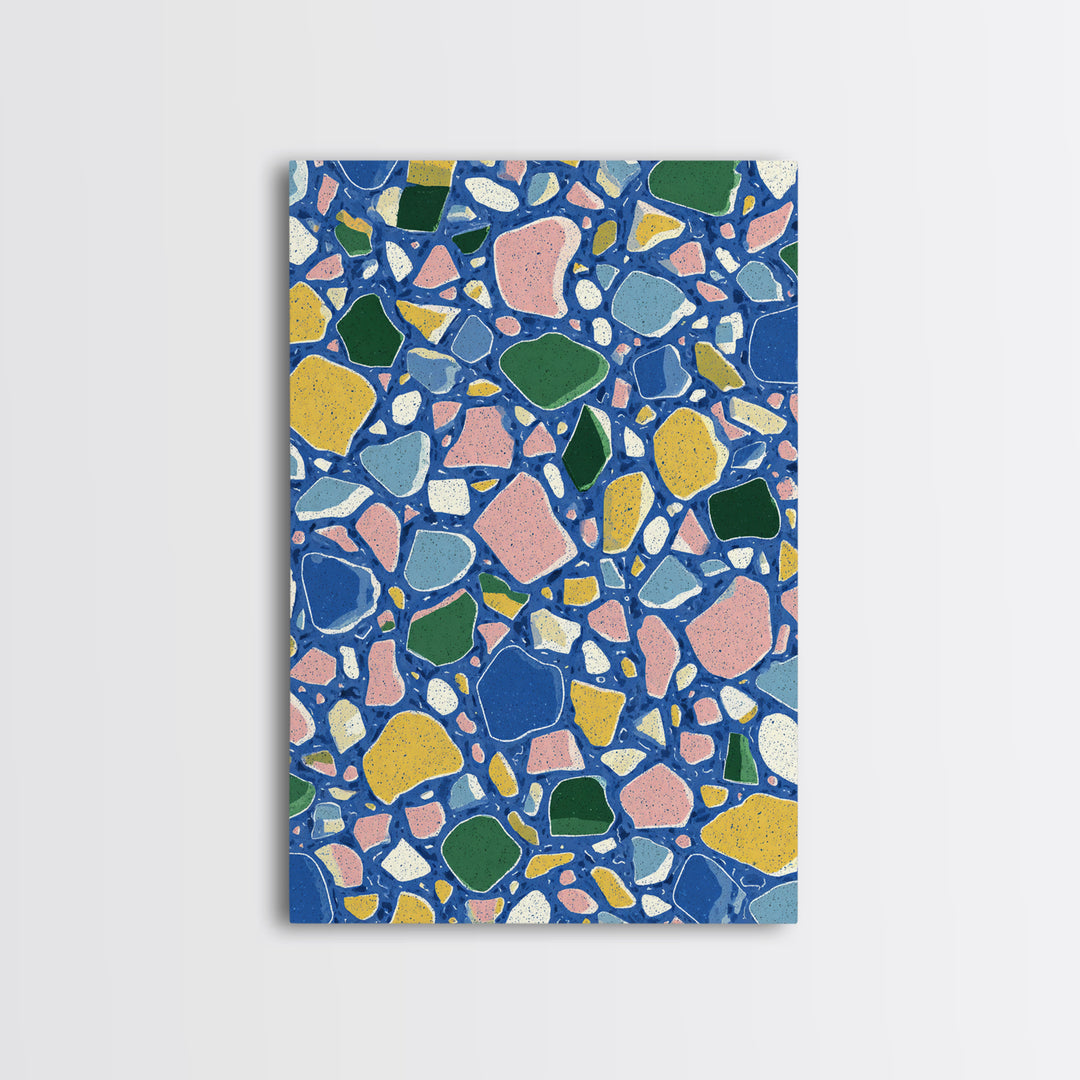 Blue Pebble Terrazzo Mosaic Pattern Canvas Print, Midcentury Modern Wall Art, Colorful Abstract Geometric Home Decor Poster Gift