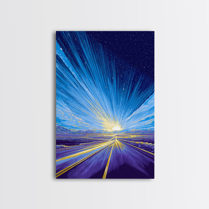 Radiant Starry Sunrise Road Wall Art, Modern Digital Art, Retro Sci Fi Poster, Blue Landscape Print, Large Living Room Decor