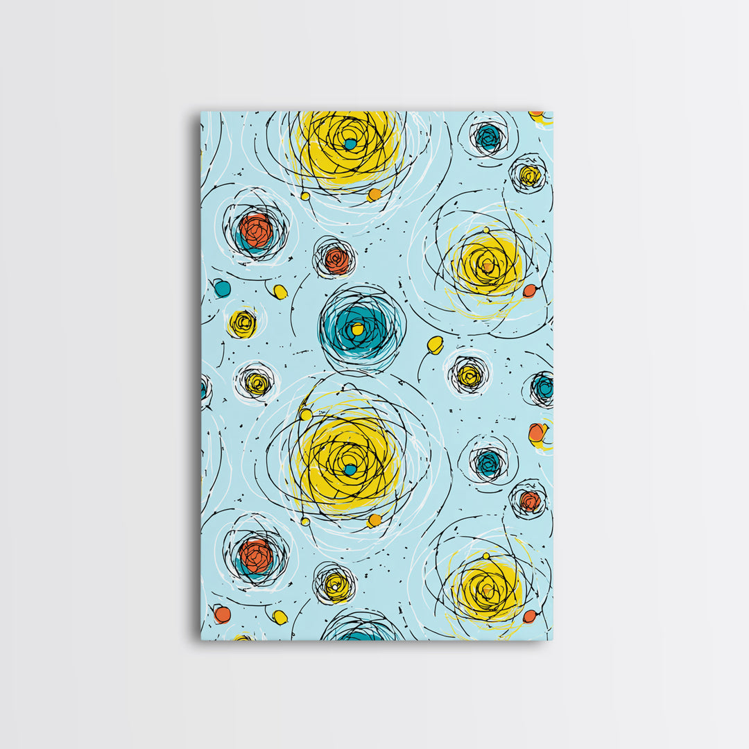Scribble Spiral Circles On Sky Blue Wall Art, Midcentury Modern Abstract Print, Playful Colorful Geometric Office Home Decor