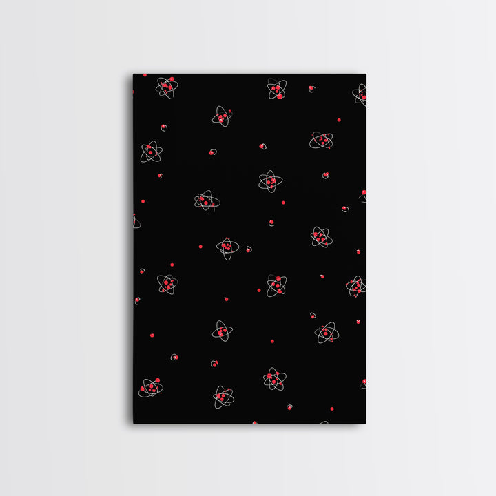 Tiny Red Atomic Dots On Black Canvas Print, Midcentury Modern Art, Retro Science Poster, Space Abstract Wall Decor, MCM Gift