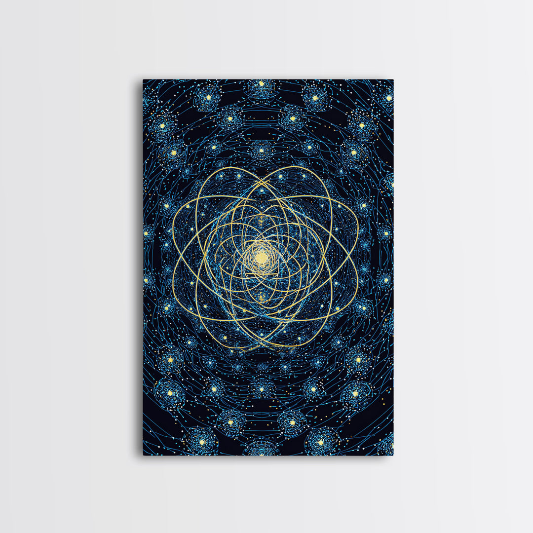 Blue Gold Cosmic Atom Mandala Wall Art, Midcentury Modern Art, Space Abstract Art, Geometric Wall Decor For Home Office, MCM Print