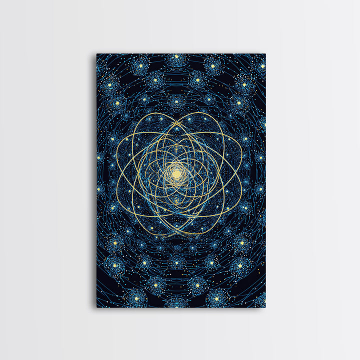 Blue Gold Cosmic Atom Mandala Wall Art, Midcentury Modern Art, Space Abstract Art, Geometric Wall Decor For Home Office, MCM Print