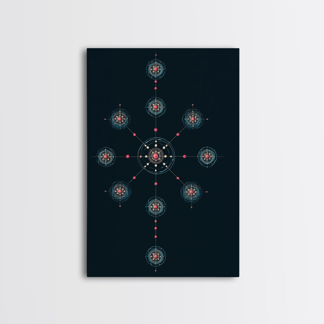Dark Teal Atomic Molecule Diagram Framed Canvas Print, Modern Abstract Art, Midcentury Wall Art, Geometric Office Wall Decor