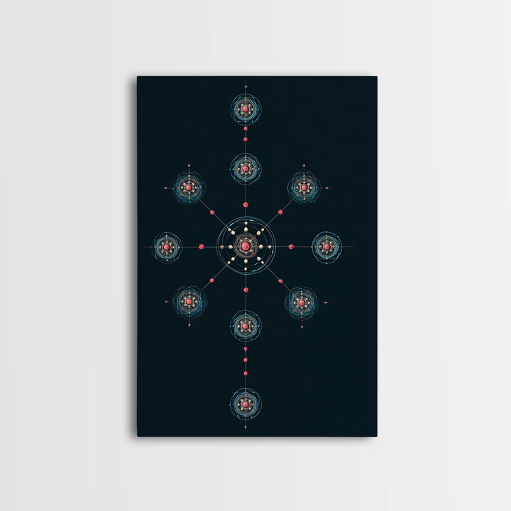 Dark Teal Atomic Molecule Diagram Framed Canvas Print, Modern Abstract Art, Midcentury Wall Art, Geometric Office Wall Decor