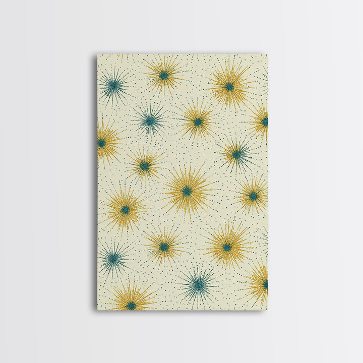 Mustard Teal Atomic Starburst Canvas Print, Midcentury Modern Art, Retro Geometric Wall Art, Scandinavian MCM Decor Gift