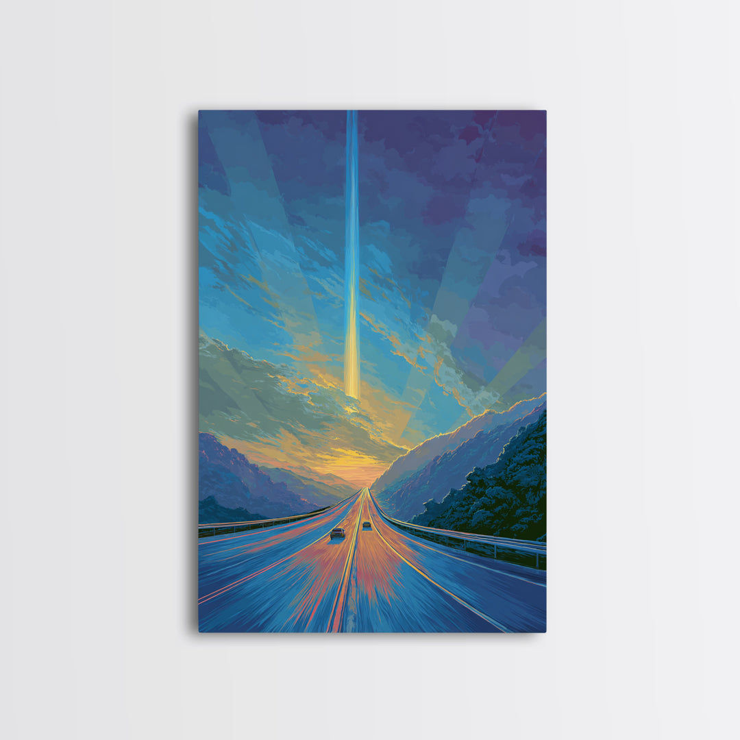 Mountain Highway Sunset Beam Canvas Print, Scenic Travel Wall Art, Modern Digital Art, Blue Orange Landscape Office Decor