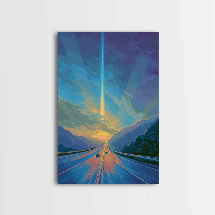 Mountain Highway Sunset Beam Canvas Print, Scenic Travel Wall Art, Modern Digital Art, Blue Orange Landscape Office Decor