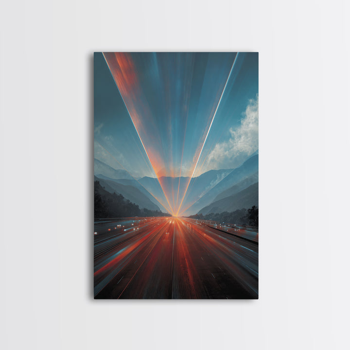 Sunrise Mountain Freeway Light Trails Wall Art, Modern Abstract Art, Scenic Travel Poster, Blue Orange Office Decor Print