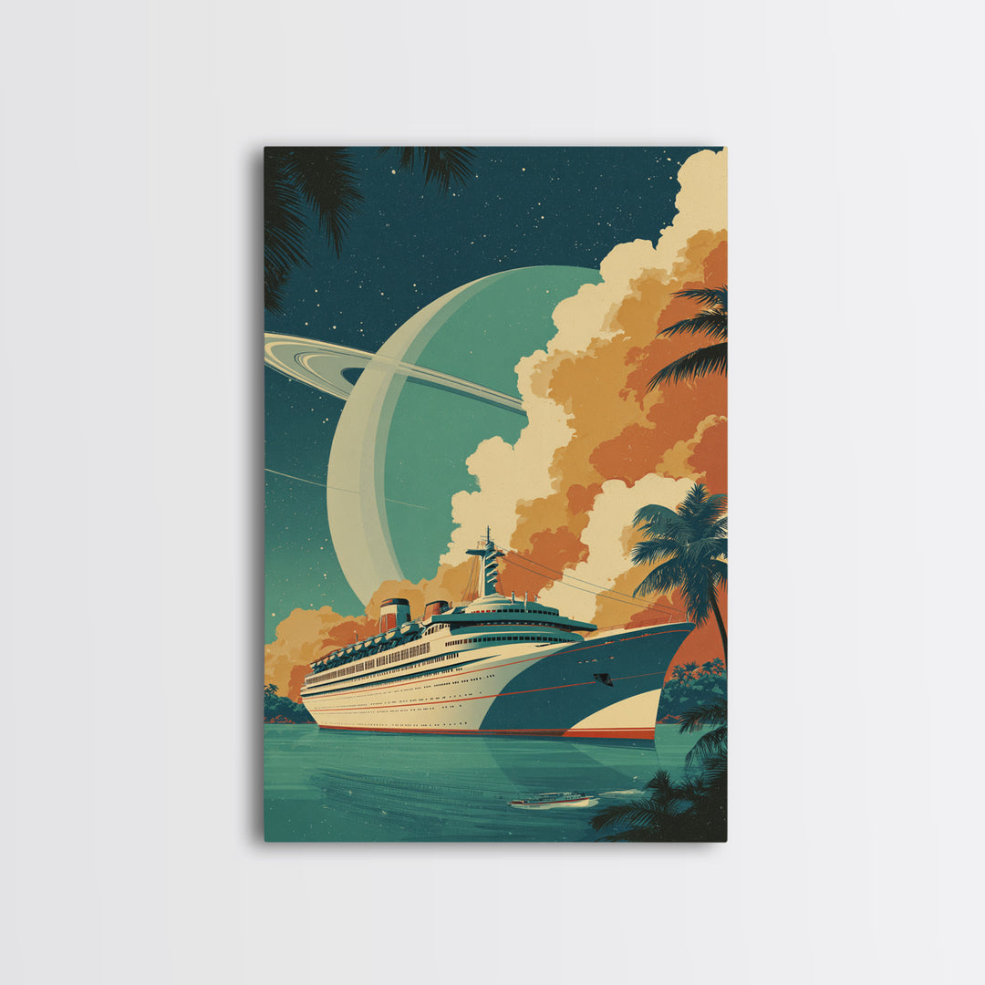 Tropical Cruise Ship Under Saturn Sky Framed Canvas Print, Mid Century Modern Art, Retro Travel Poster, Palm Tree Decor Print