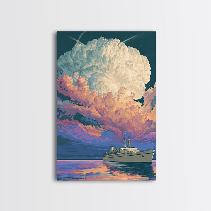 Ocean Liner Under Pastel Cloudscape Wall Art, Modern Art Print, Scenic Sunset Poster, Coastal Home Decor, Living Room Art