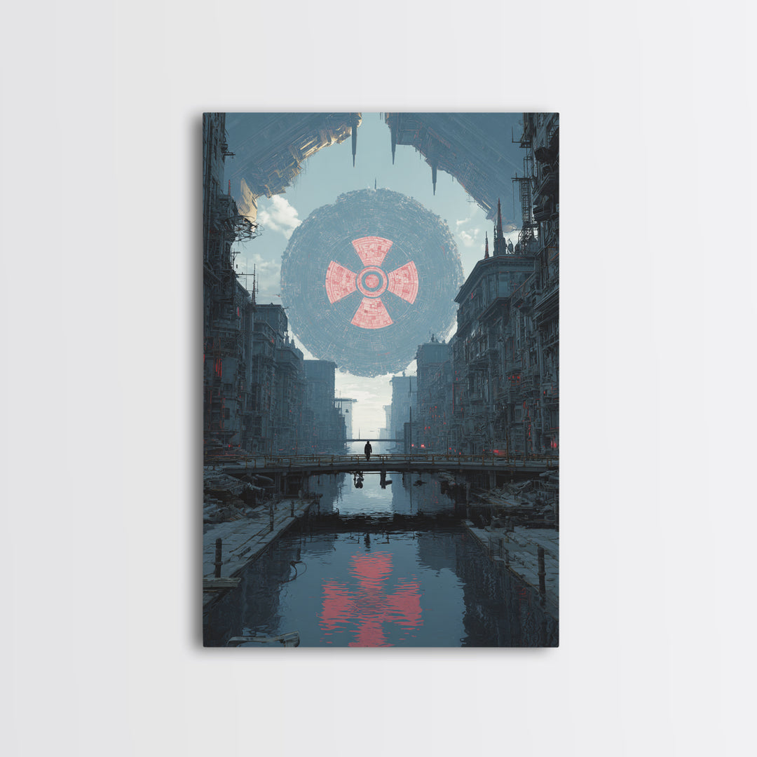 Dystopian Canal City With Giant Orb Wall Art, Modern Sci Fi Poster, Futuristic Cityscape Print, Industrial Home Decor Art